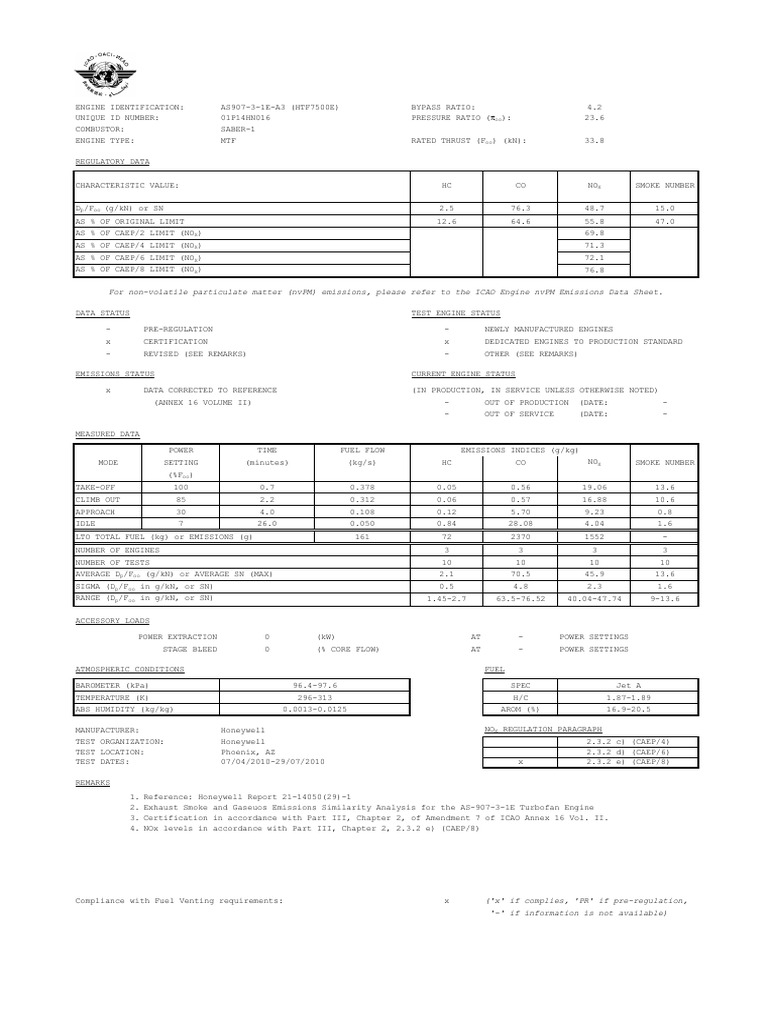 AS907-3-1E Emissions Data Overview | PDF | Exhaust Gas | Engines