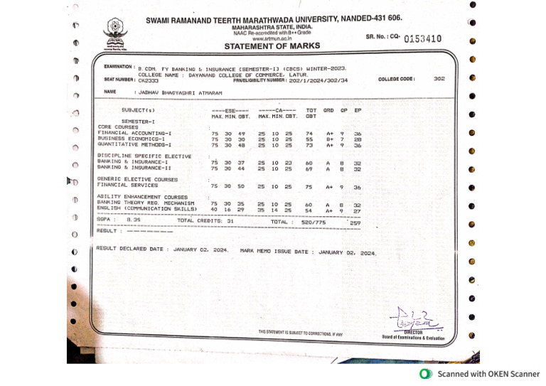 Bcom Fy 1 Marksheet | PDF