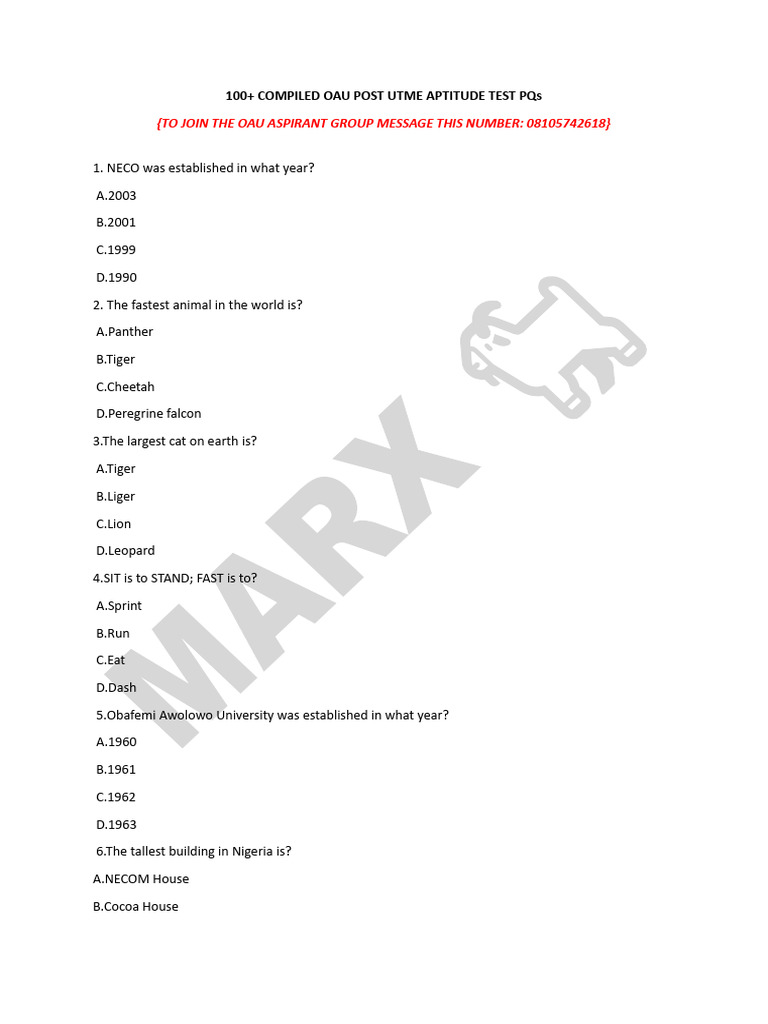OAU Post UTME Aptitude Test Questions | PDF | Nigeria