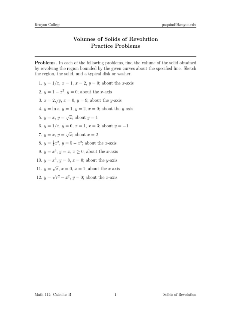 Volumes of Solids of Revolution Problems | PDF