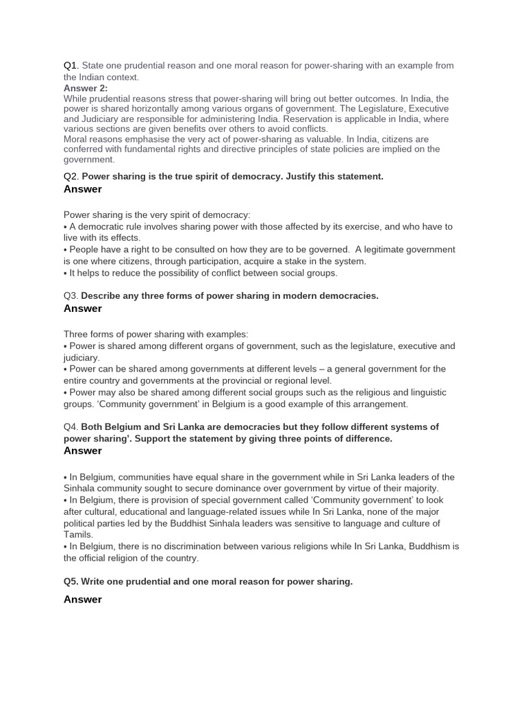 Power Sharing Long Question | PDF | Democracy | Political Ideologies