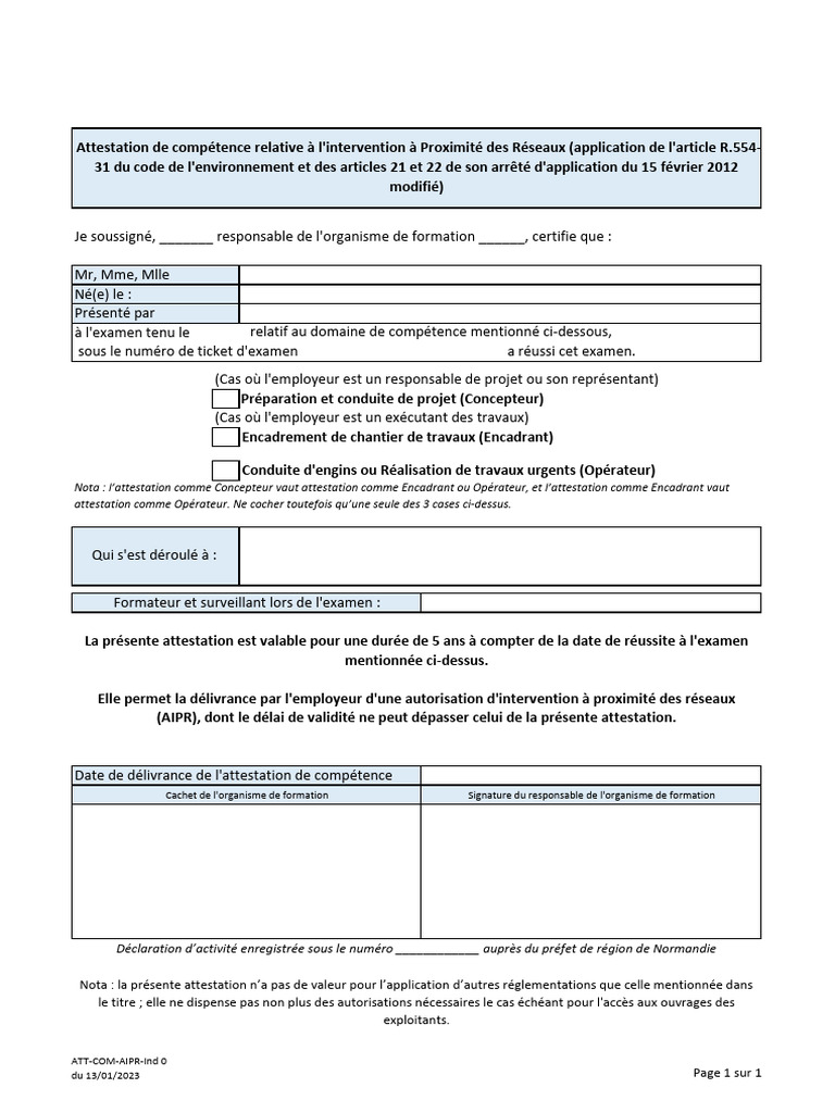 Attestation De Comp tences AIPR PDF