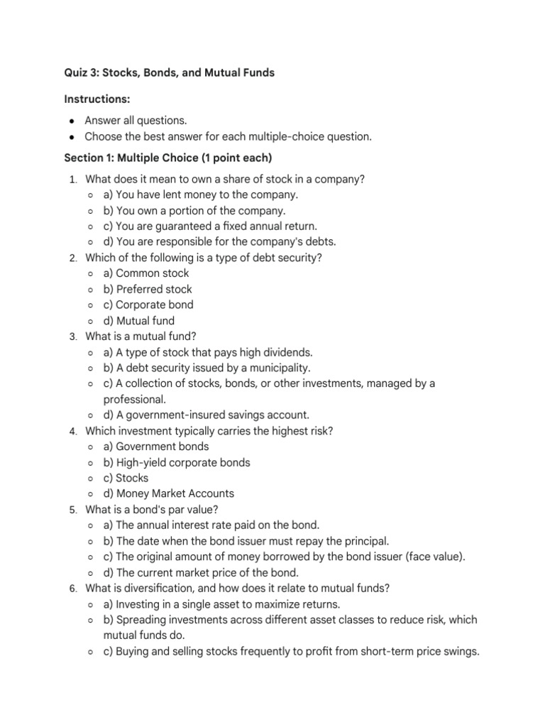 Quiz - Stocks, Bonds, and Mutual Funds | PDF | Bonds (Finance) | Stocks