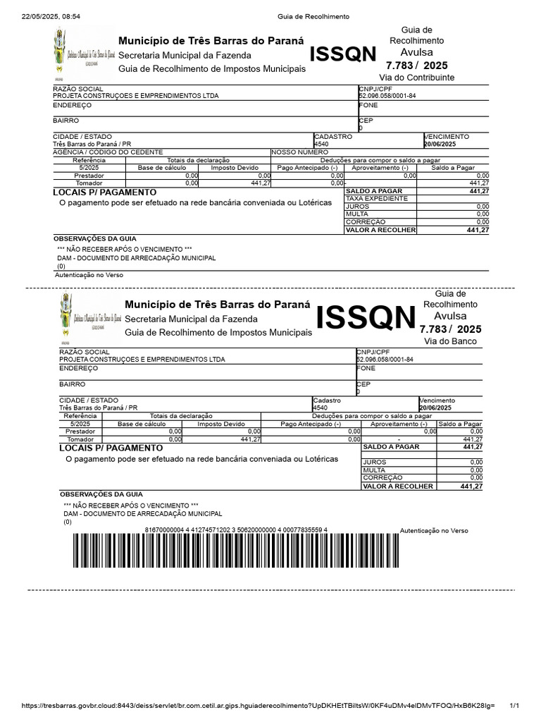 Guia de Recolhimento ISSQN Três Barras | PDF | Pagamentos | Economias
