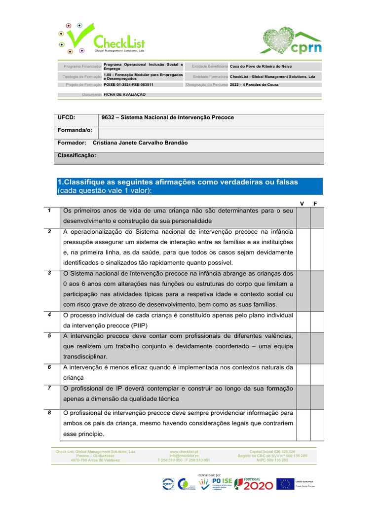 Ficha de Avaliação: Intervenção Precoce | PDF