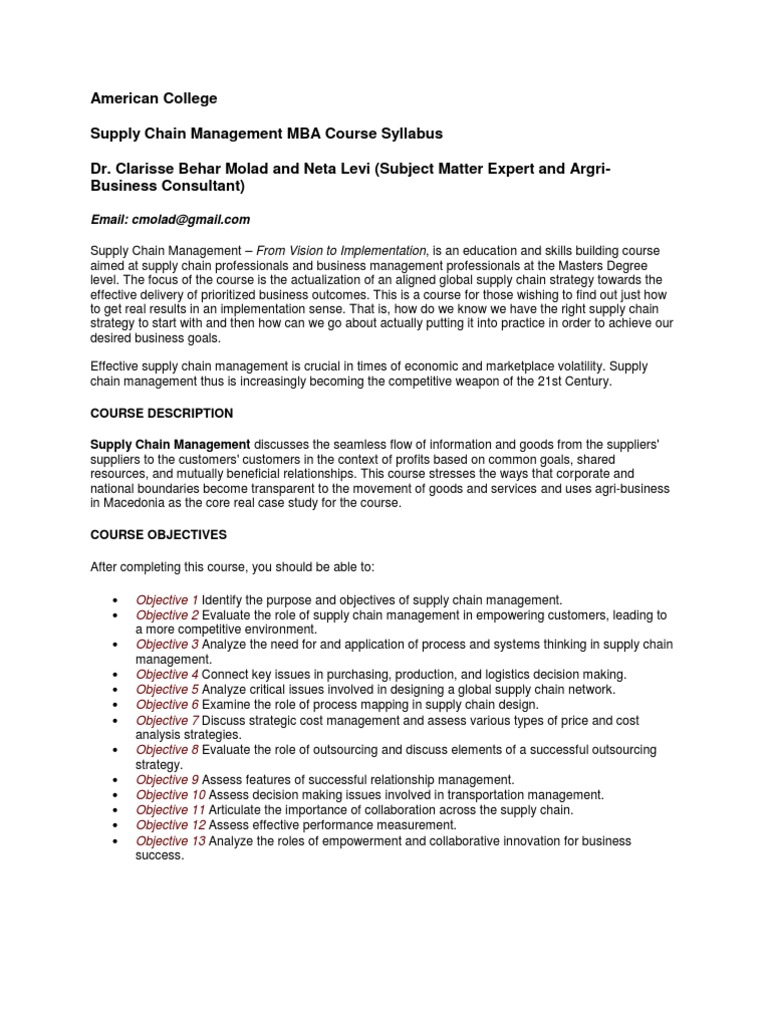 MBA Supply Chain Management Course Syllabus | PDF | Supply Chain ...