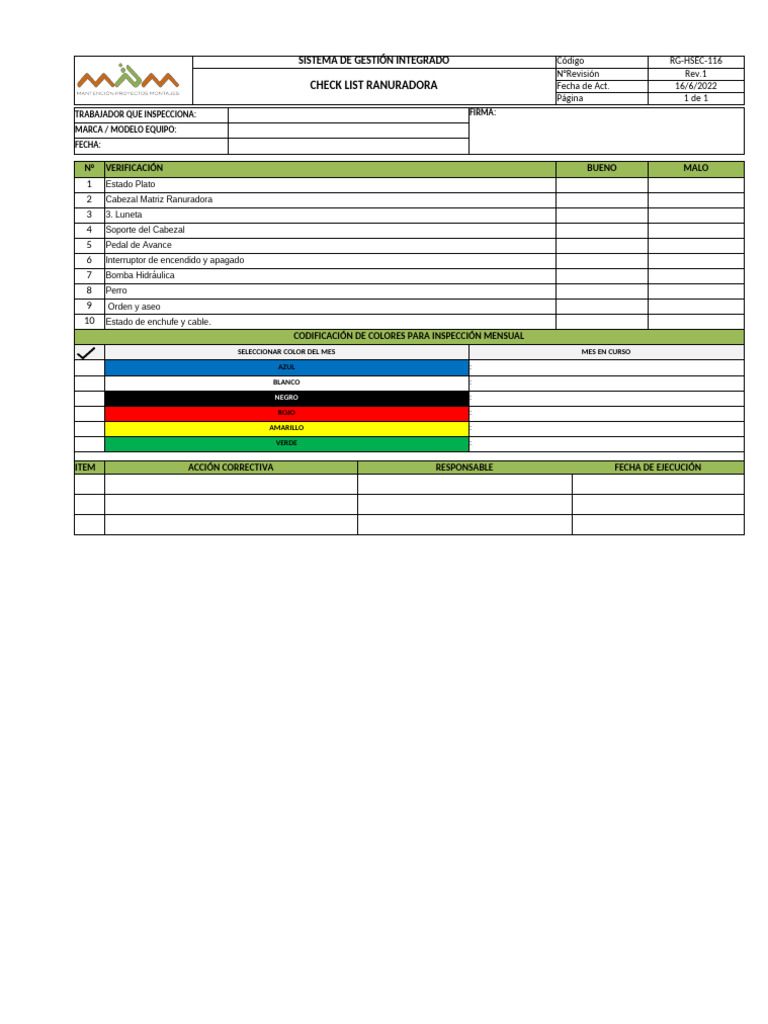 RG-HSEC-116 Check List Ranuradora | PDF