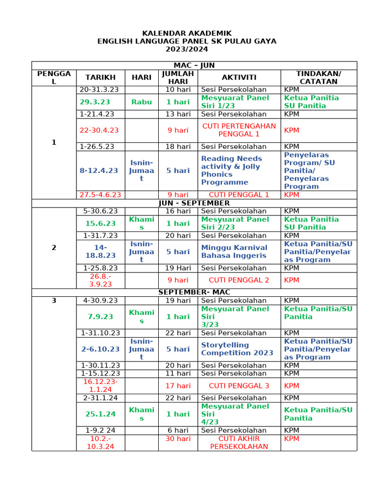 Takwim Akademik English Language Panel SKPG 2023 2024 | PDF