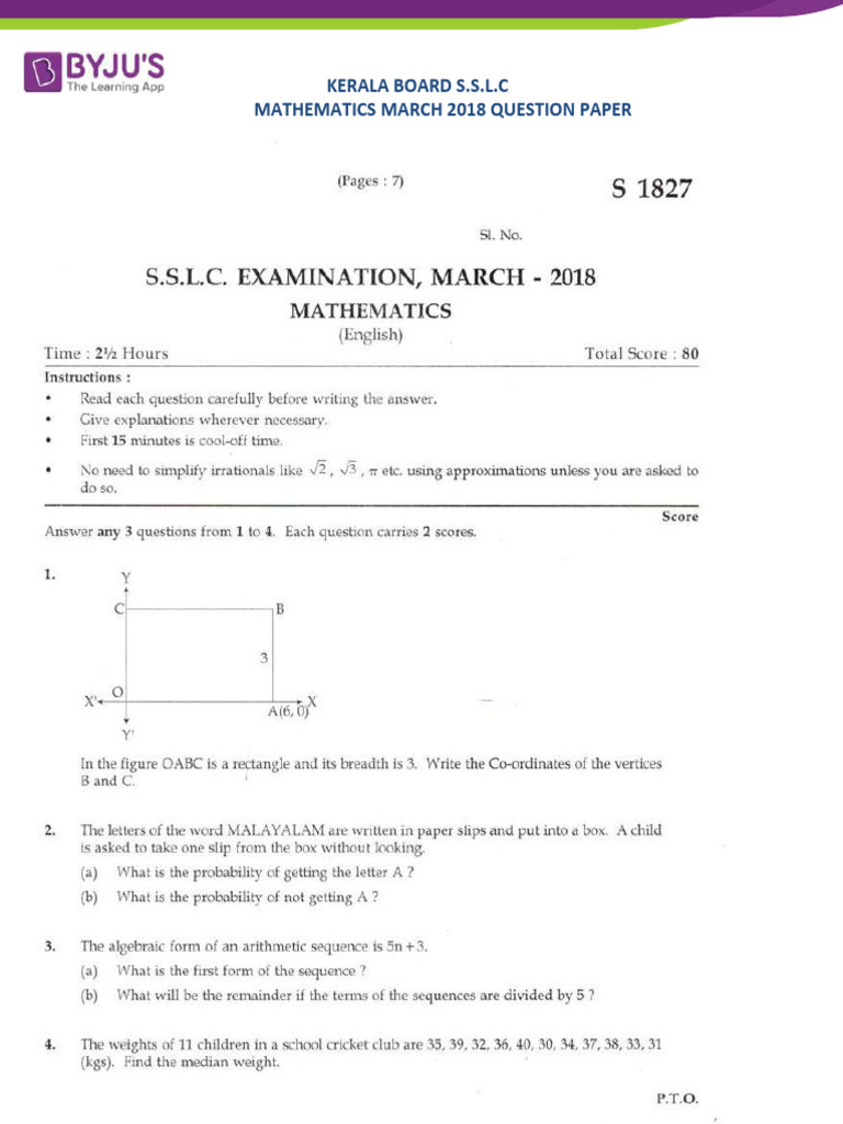 Kerala SSLC Maths March 2018 Paper | PDF