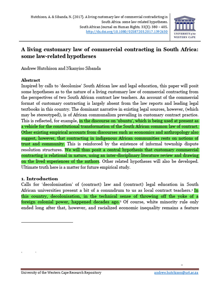 Customary Commercial Contracting in SA | PDF | Common Law | South Africa