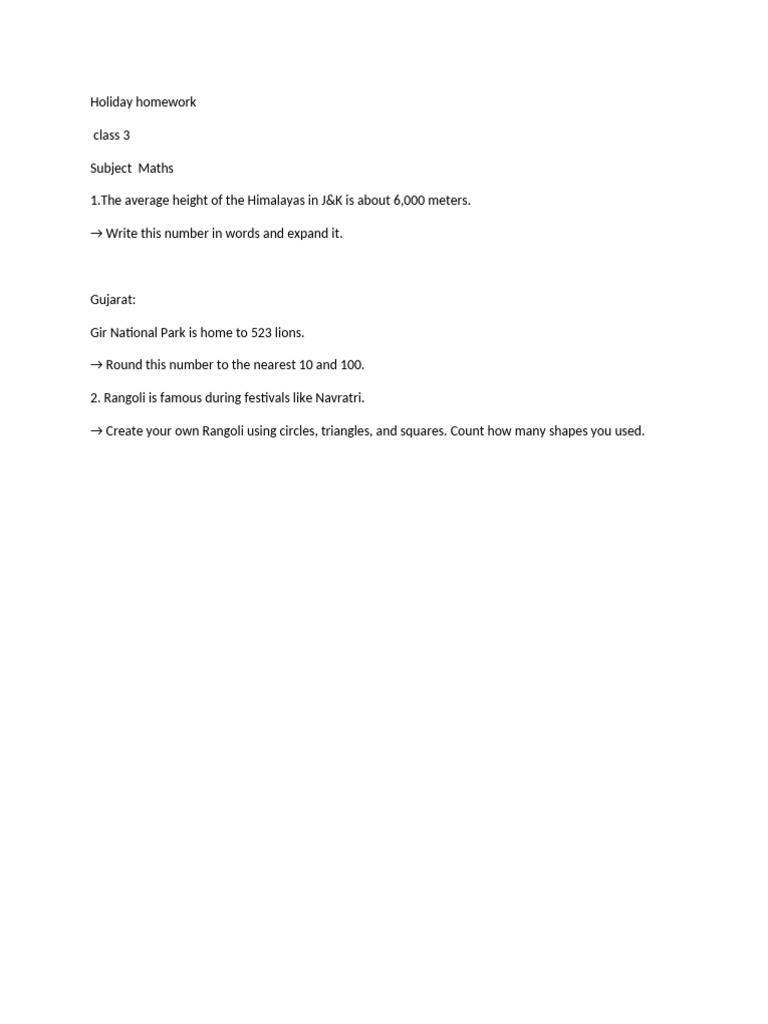 Class 3 Maths Holiday Homework | PDF