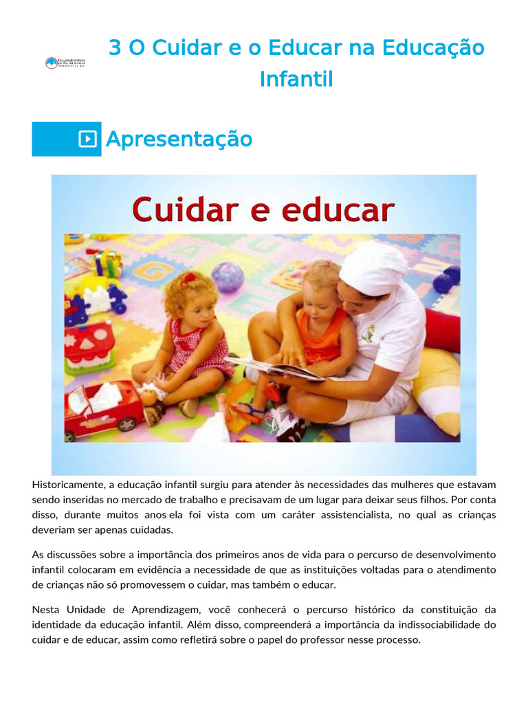 Unidade 3 - O Cuidar e o Educar Na Educação Infantil | PDF | Pré-escola ...