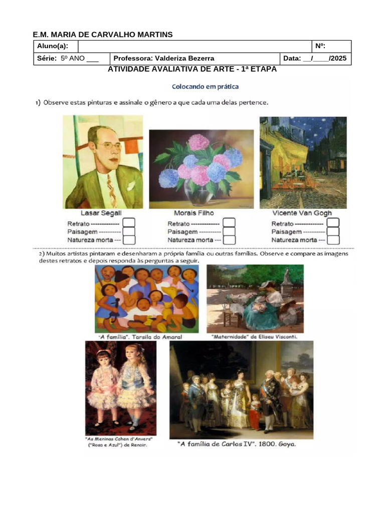 Atividade Avaliativa de Arte - 5º Ano | PDF