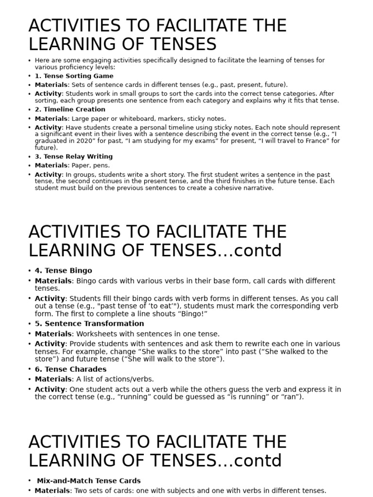 Activities To Facilitate The Learning of Tenses | PDF | Grammatical ...
