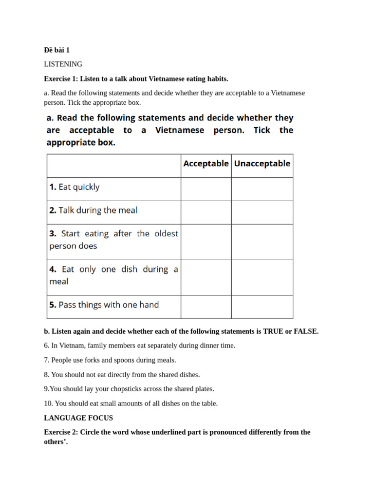 Vietnamese Eating Habits and Language Exercises | PDF | Vietnamese ...