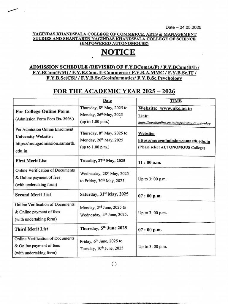 Admission Notice Revised Self Finance 2025-2026 | PDF