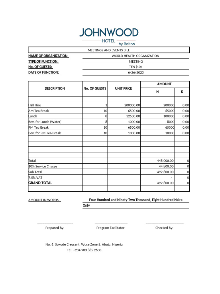 Meetings and Events Billing Summary | PDF | Currency | Nigeria