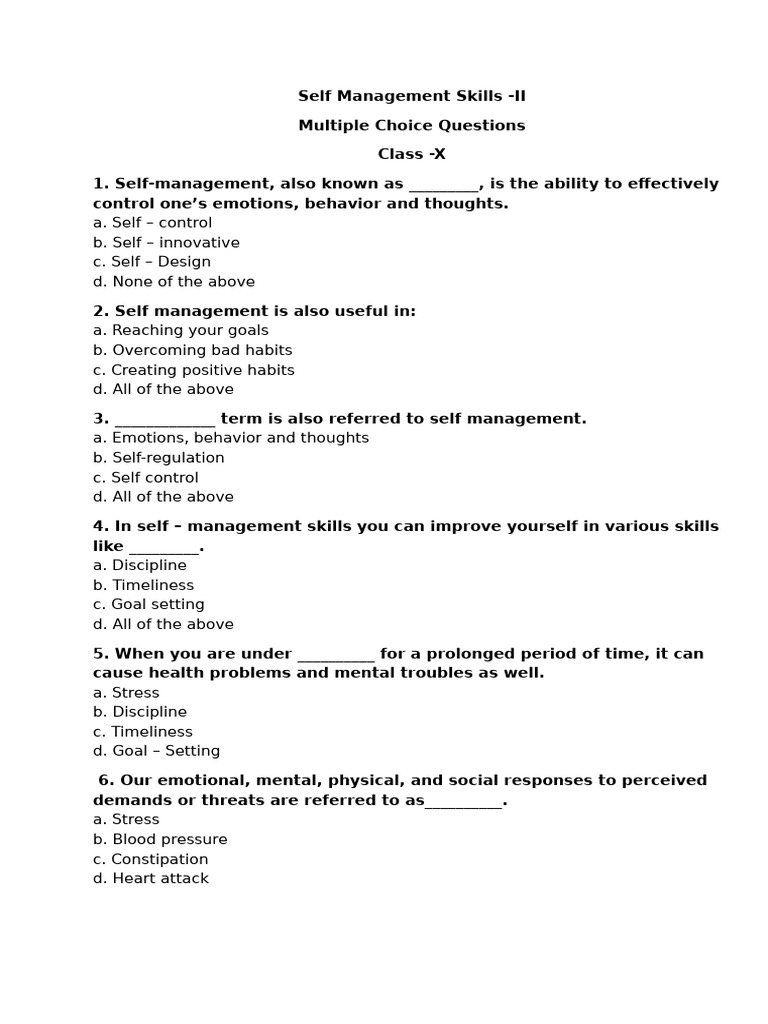 Self-Management Skills MCQs for Class X | PDF | Stress (Biology ...