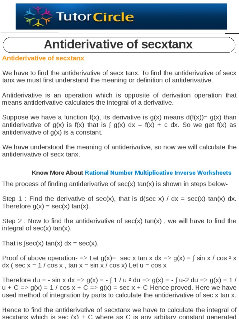 Anti Derivative Of Secxtanx Trigonometric Functions Integral