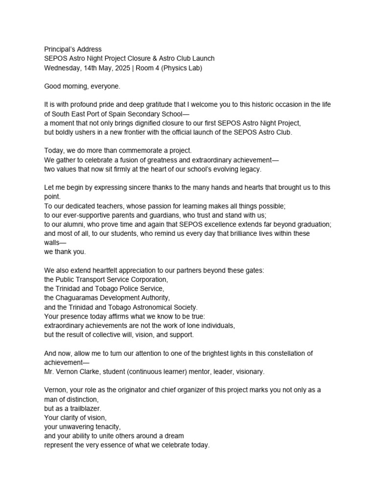 Principal's Address Astro Night Project Closure | PDF