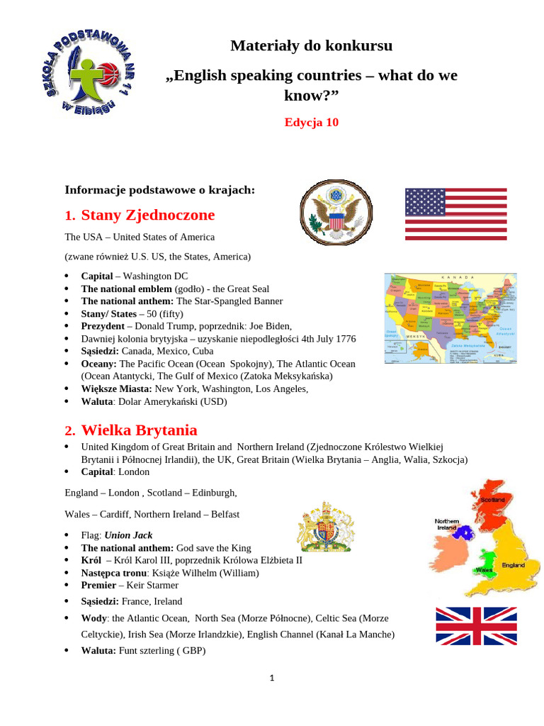 English Speaking Countries What Do We Know Materiały Do Konkursu 2025 | PDF
