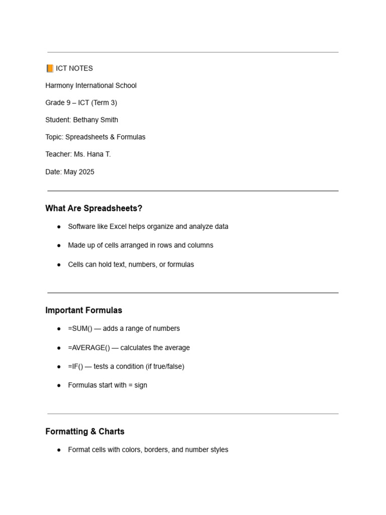 Grade 9 ICT: Spreadsheets & Formulas | PDF