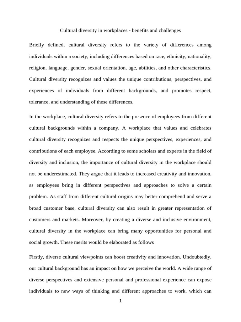 Cultural Diversity in Workplaces - Benefits and Challenges | PDF ...