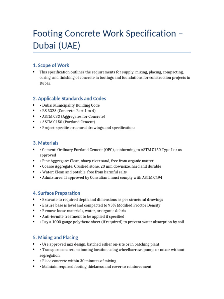 Footing Concrete Work Specification Dubai | PDF | Concrete | Building ...