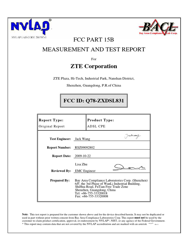 FCC Part 15B Test Report for ZTE ADSL CPE | PDF | Antenna (Radio ...