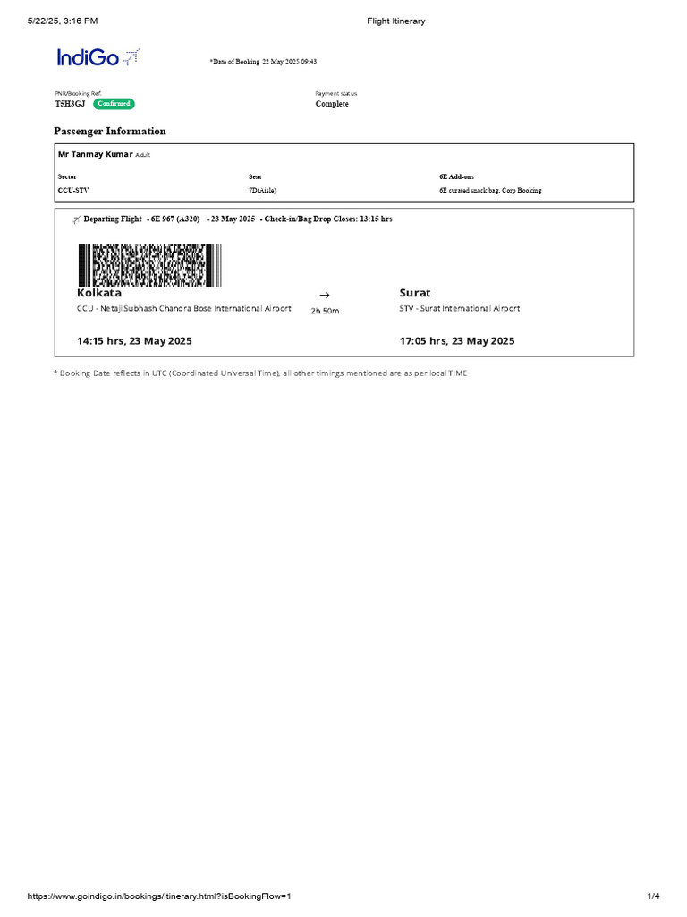 Ticket Copy T5H3GJ CCU-STV 01pax | PDF | Travel Visa