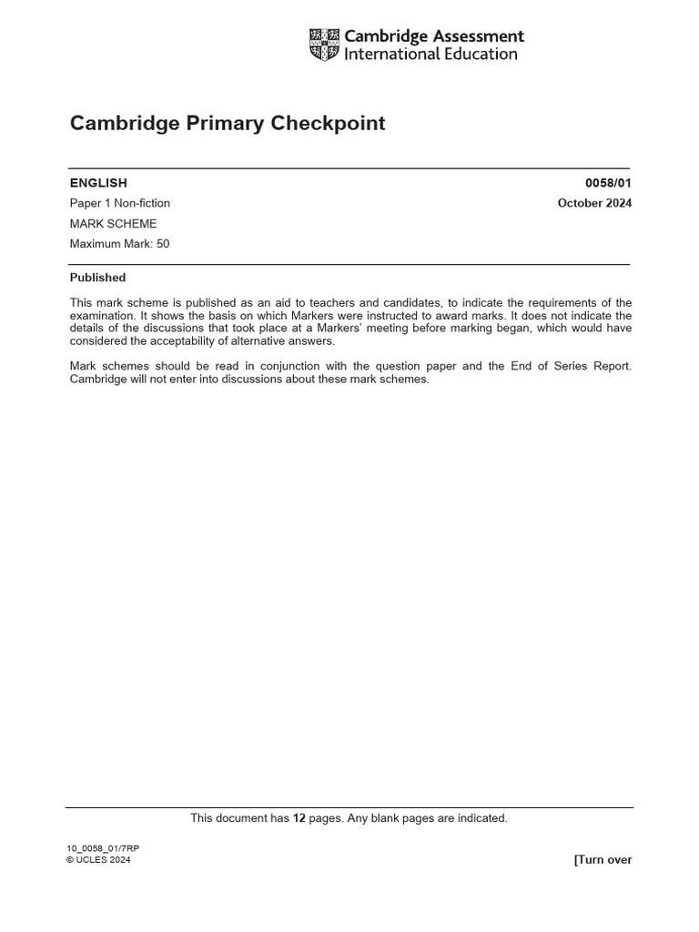 Cambridge Primary English Mark Scheme 2024 | PDF | Adjective | Verb