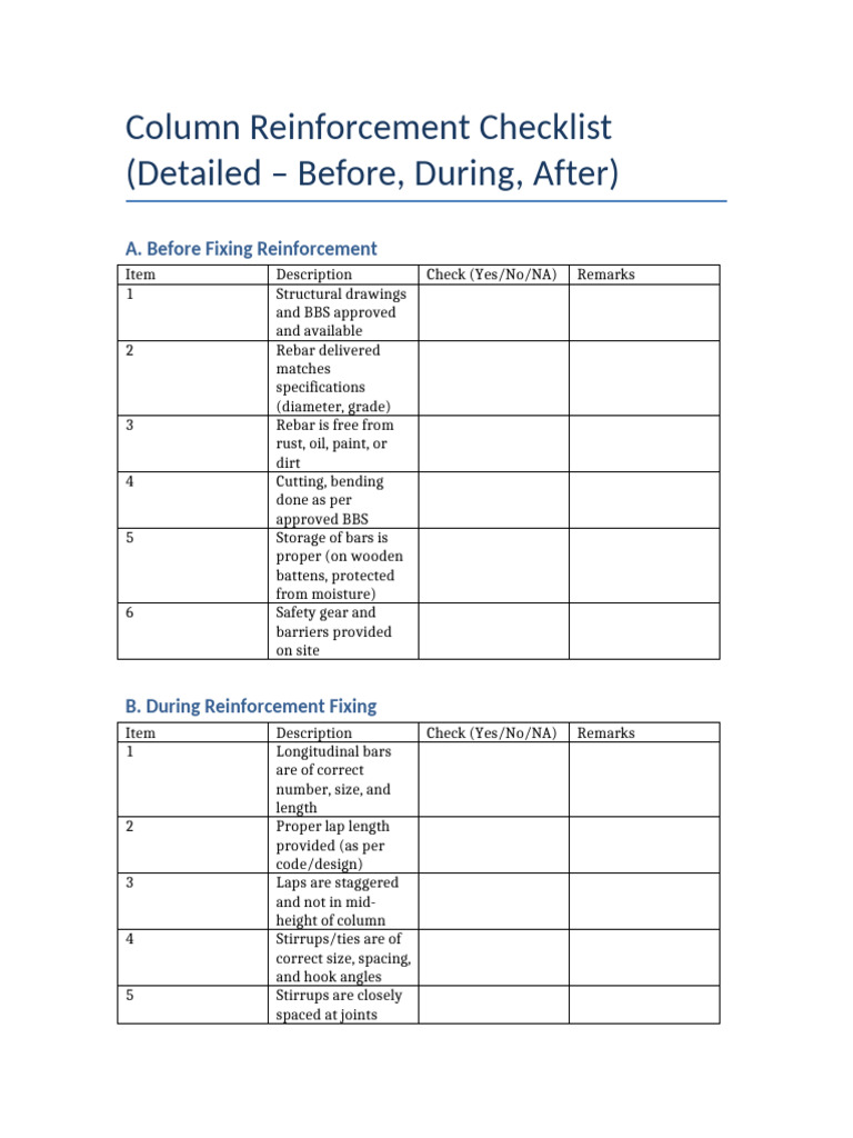 Column Reinforcement Inspection Checklist | PDF | Mechanical ...