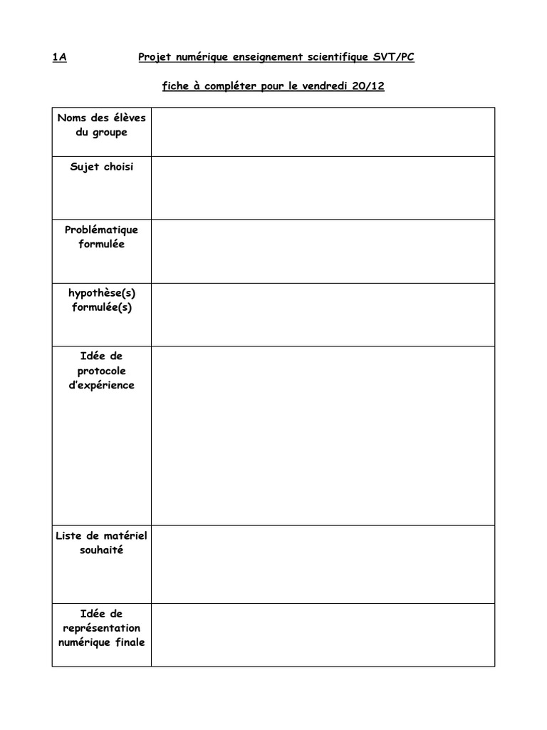 Fiche Projet Numérique SVT/PC à Compléter | PDF