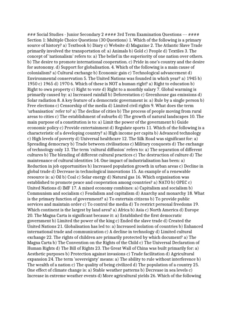 Junior Secondary Social Studies Exam Questions | PDF | Capitalism | Africa