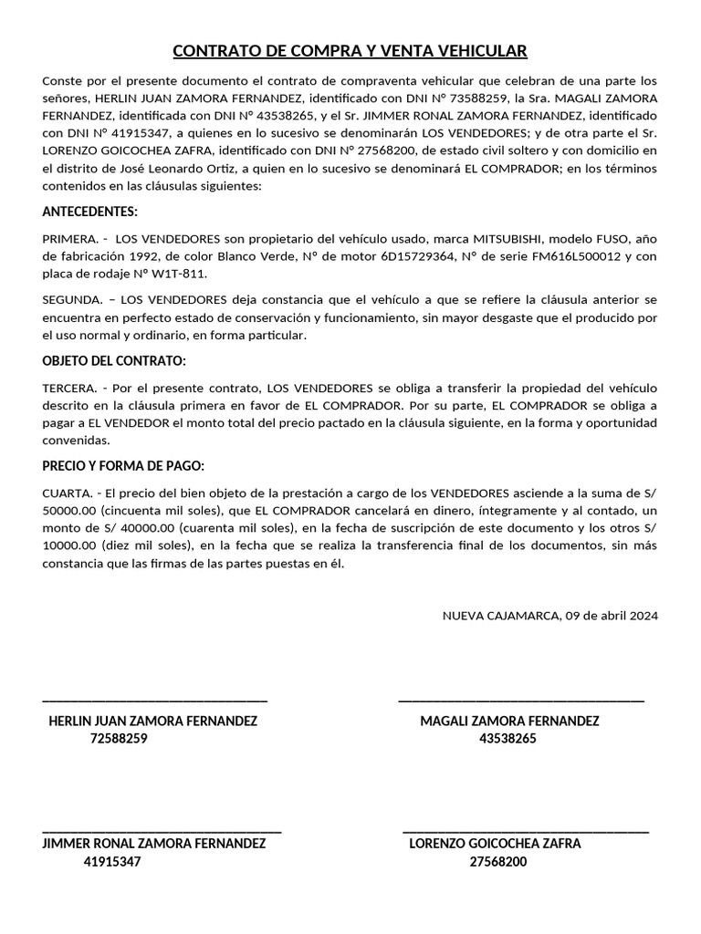 Contrato de Compra Venta Vehicular | PDF | Derecho privado
