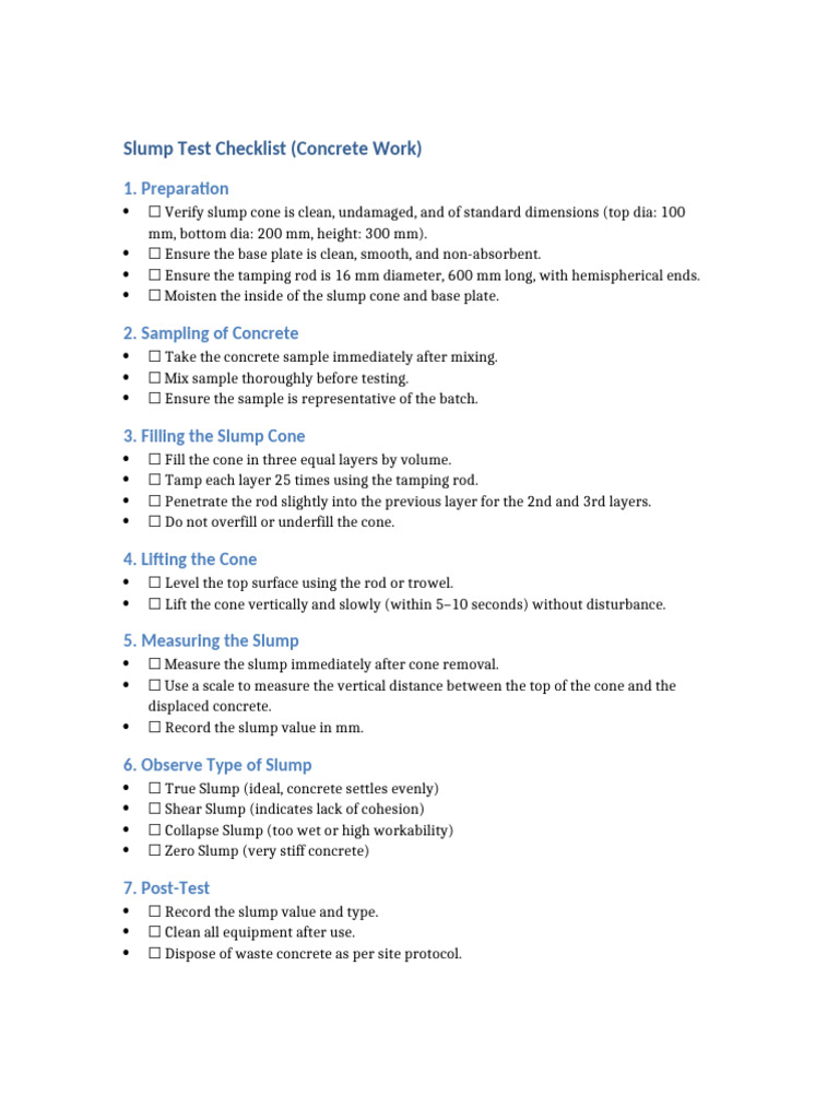Slump Test Procedure Checklist | PDF
