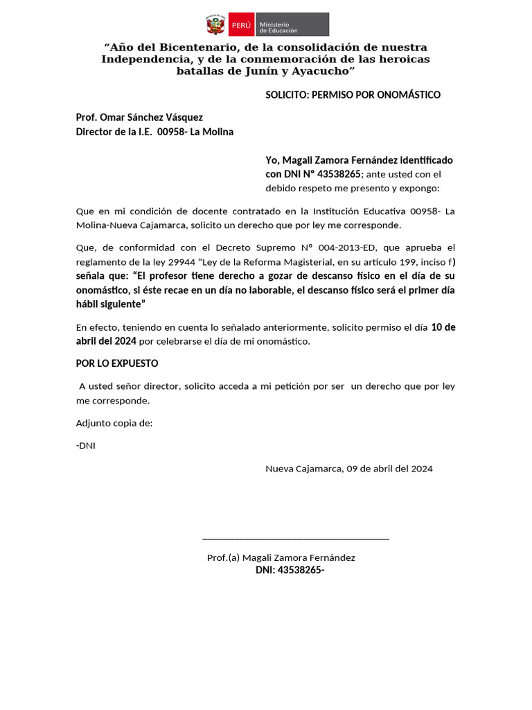 SOLICITO PERMISO POR ONOMÁSTICO AMAUTA - Perú | PDF