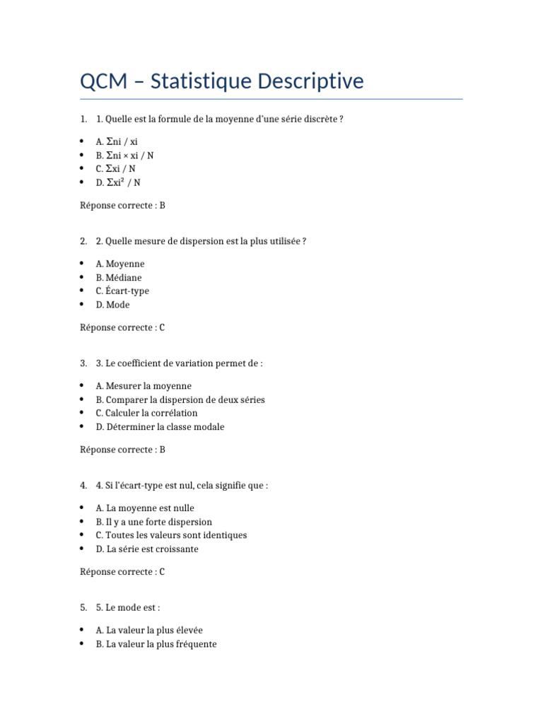 QCM sur la Statistique Descriptive | PDF | Écart type | Moyenne