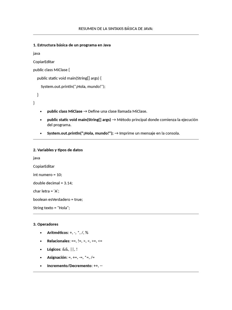 Resumen de La Sintaxis Básica de Java | PDF | Java (lenguaje de ...