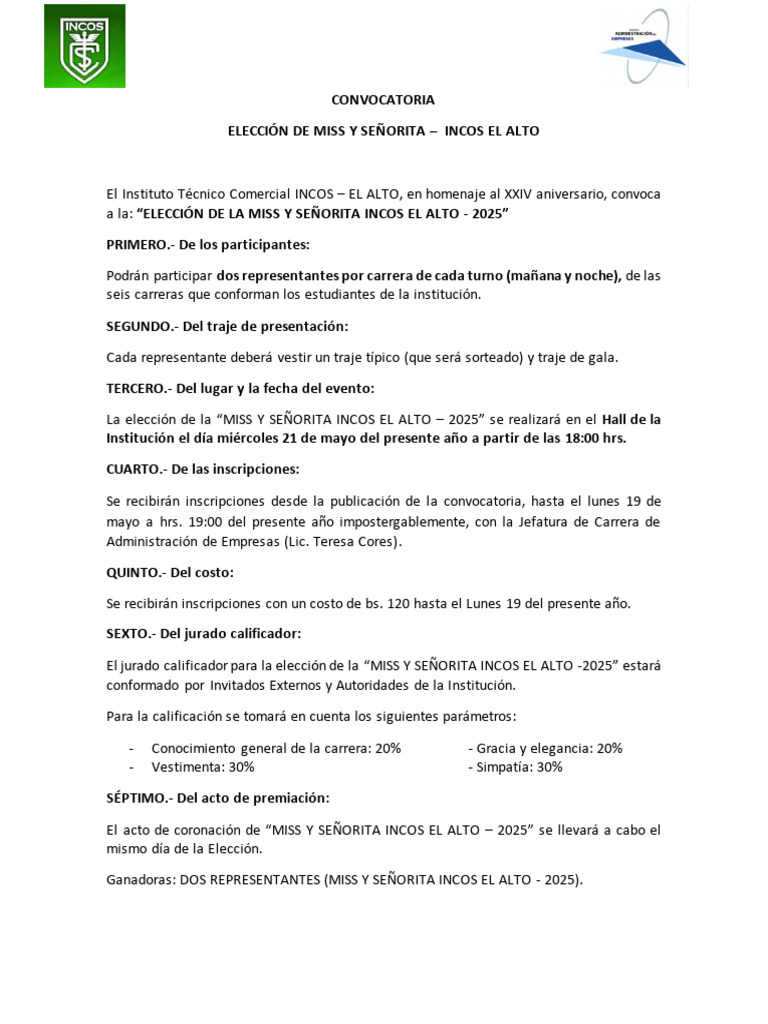 Convocatoria Miss y Señorita INCOS 2025 | PDF