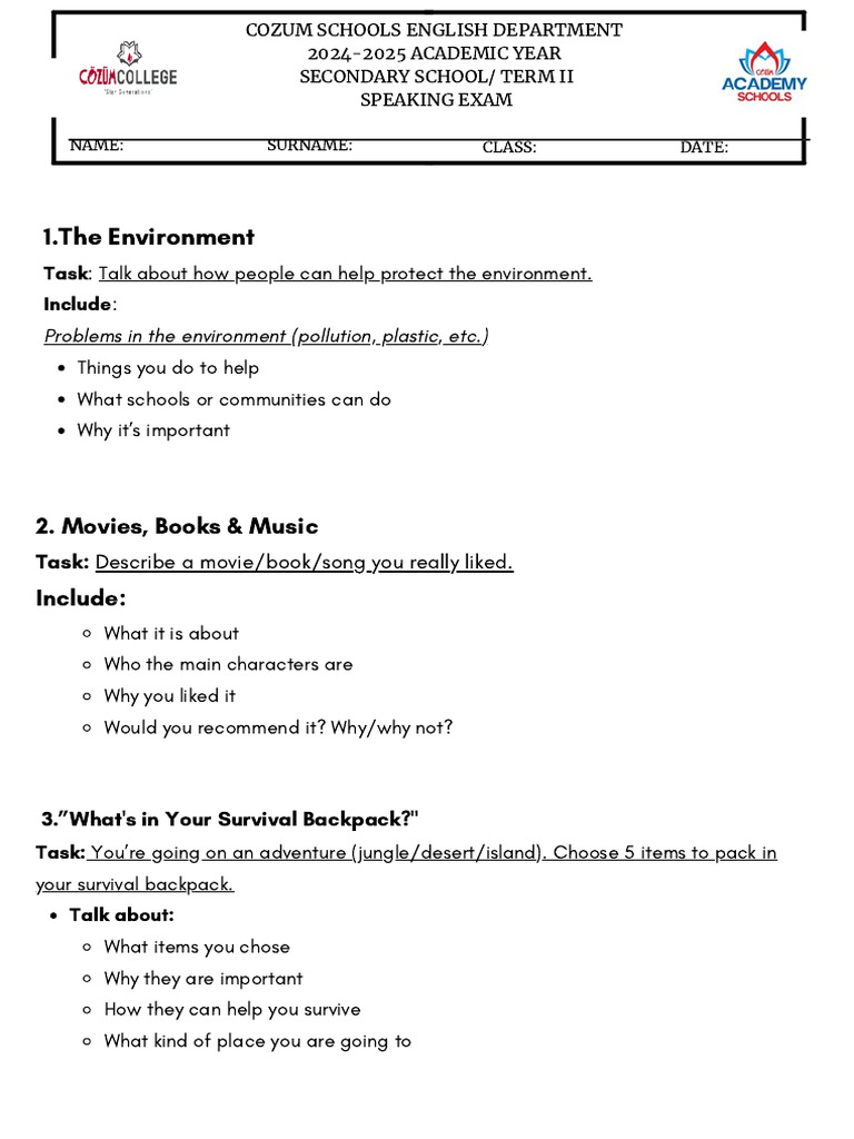 SPEAKING EXAM TOPICS-TASKS - 2025 - 2nd TERM 2nd EXAM | PDF