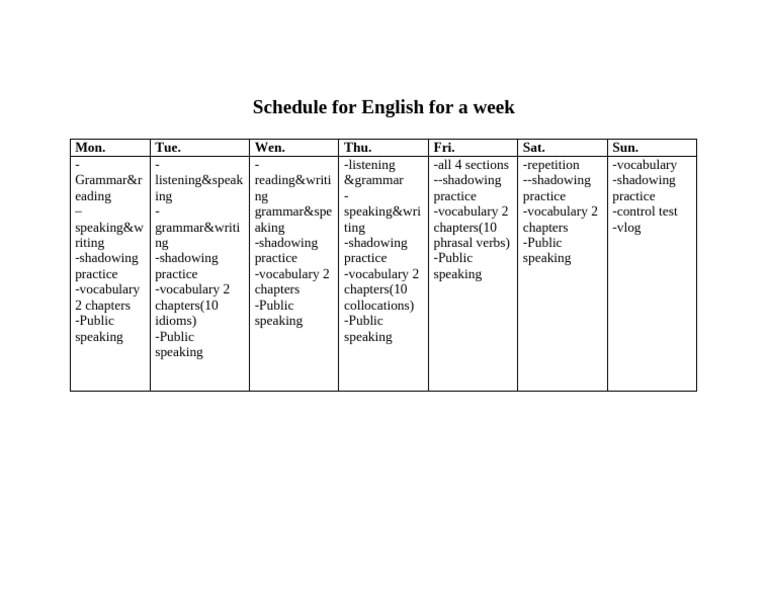Schedule For English For A Week | PDF