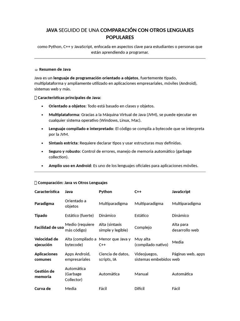 Comparativa de Java con Python, C++ y JS | PDF | Java (lenguaje de ...