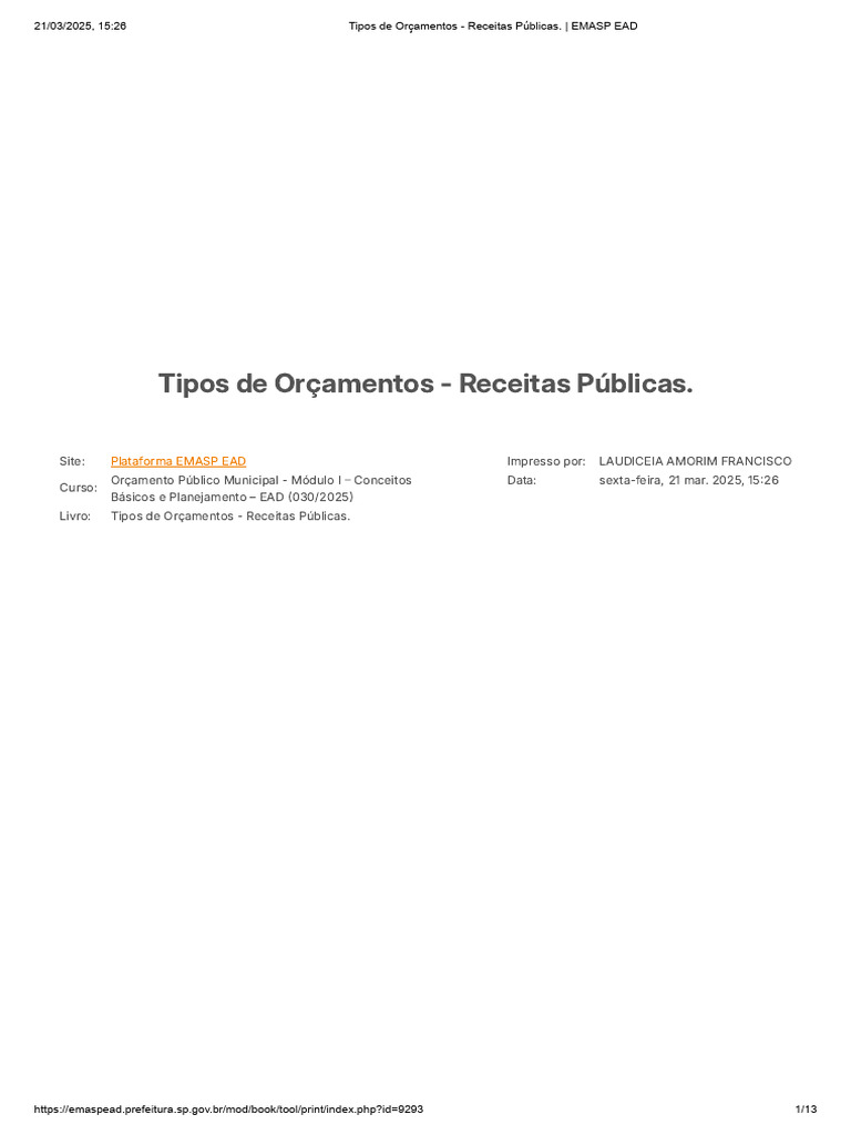 Aula 2 e 3 - Tipos de Orçamentos - Receitas Públicas. - EMASP EAD | PDF ...