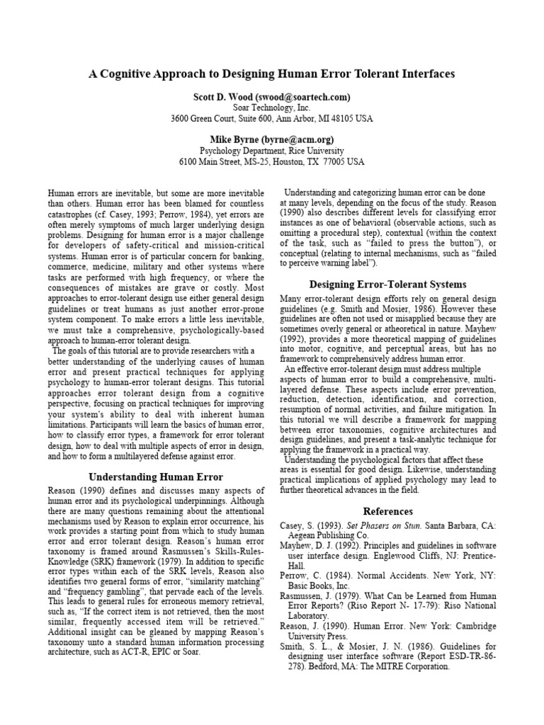 Designing Human Error Tolerant Interfaces | PDF | Psychology | Cognition
