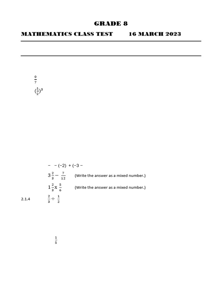 Grade 8 Mathematics Test - March 2023 | PDF