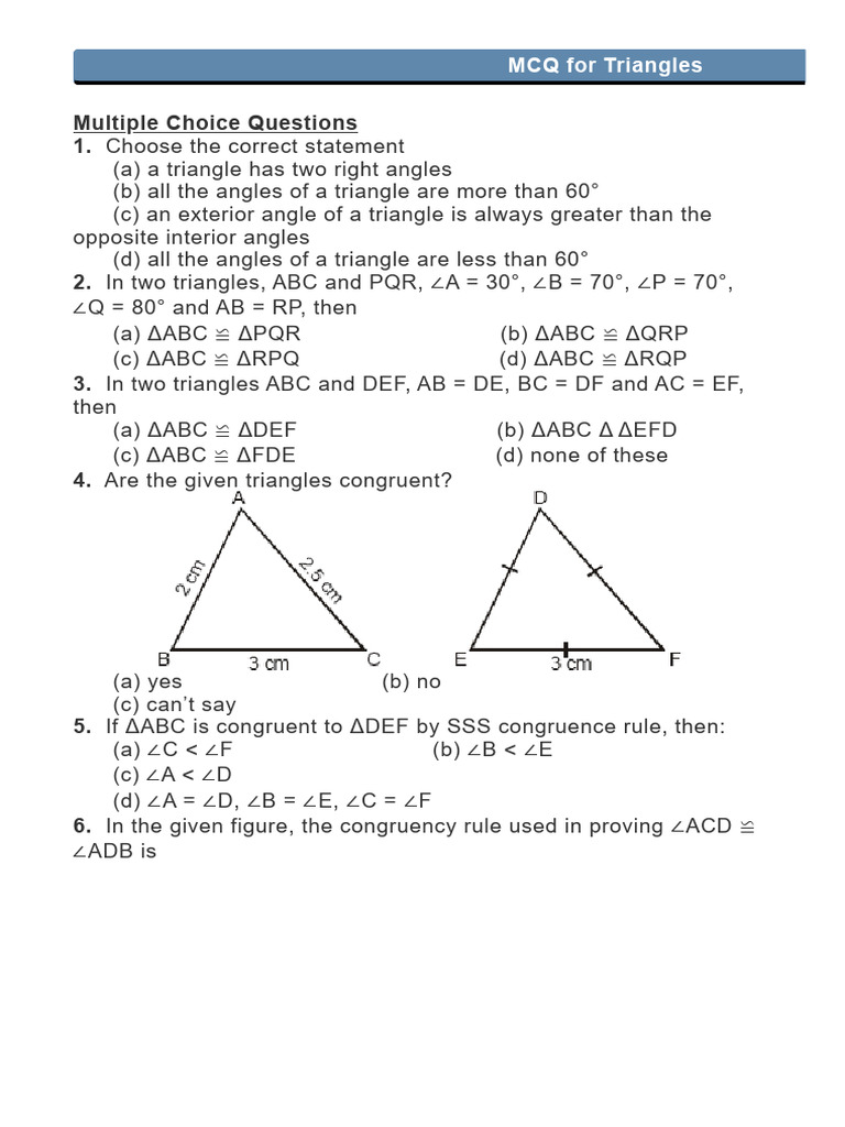 MCQs on Triangle Properties and Congruence | PDF