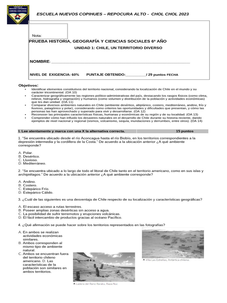 Prueba de Historia y Geografía 6º Año Chile | PDF | Chile | Andes