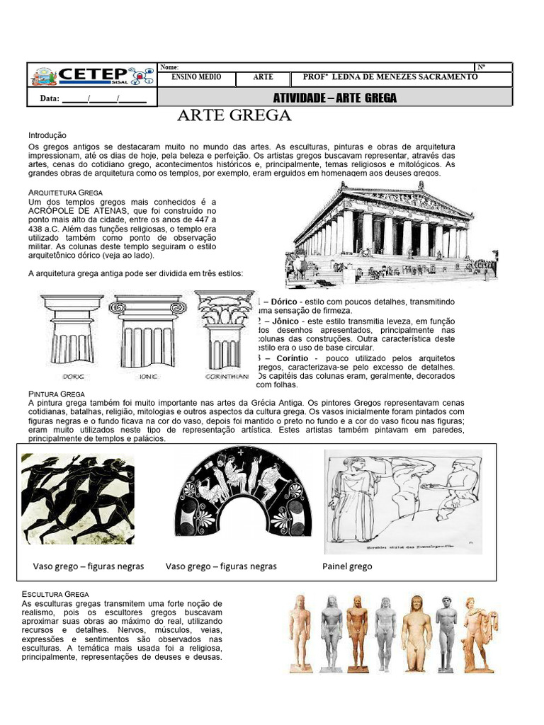 Atividade sobre Arte Grega Antiga | PDF | Grécia Antiga | As artes