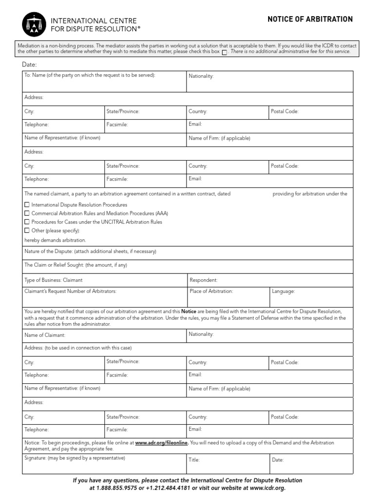 ICDR Notice of Arbitration0402020 | PDF | Arbitration | Mediation